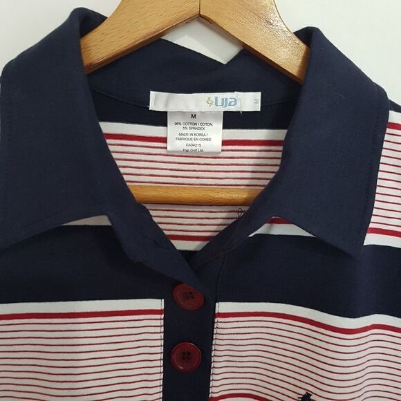 LIJA Golf Sports Shirt Navy, Red and White Stipes and Cap Sleeve Medium  … - Picture 9 of 12